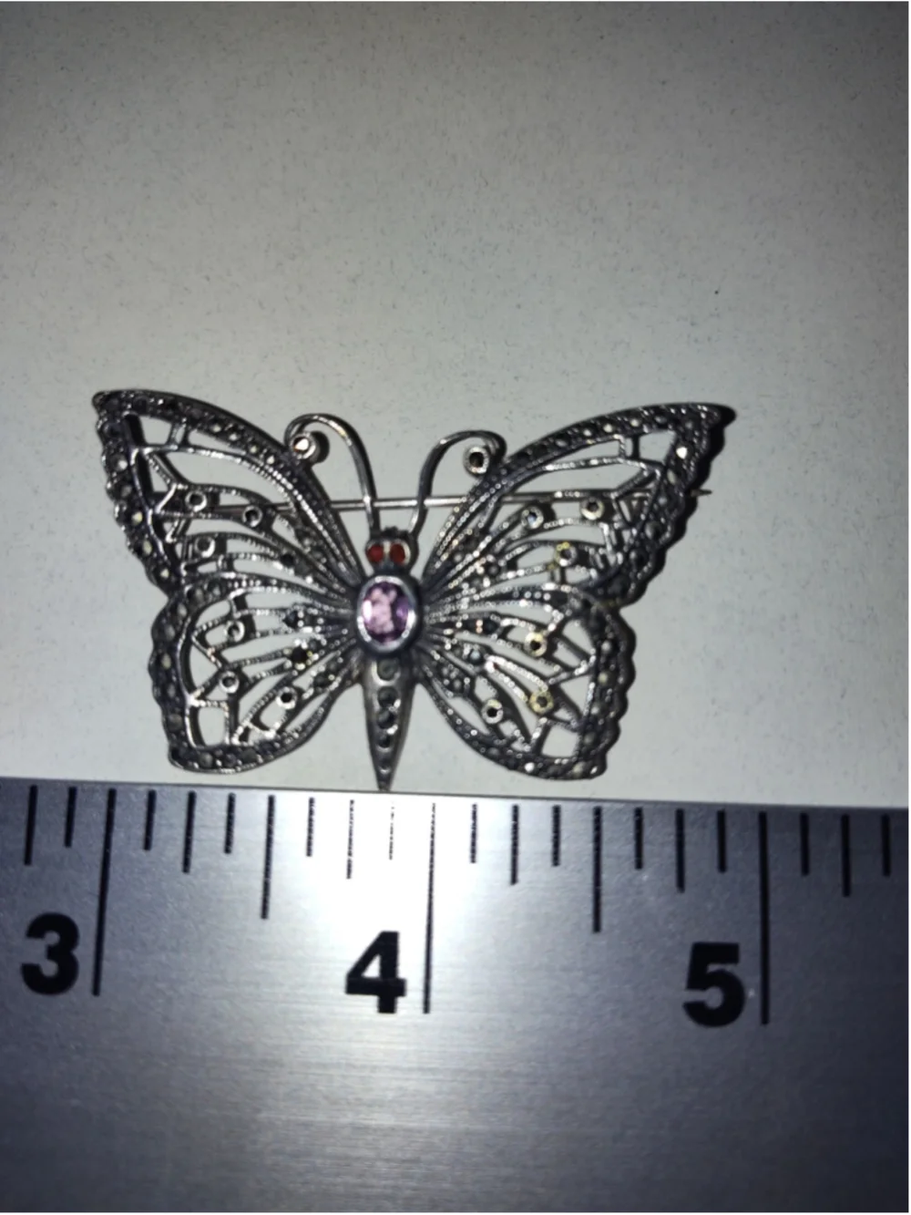 Women's Vintage Sterling Silver Butterfly Brooch with Marcasite and Amethyst